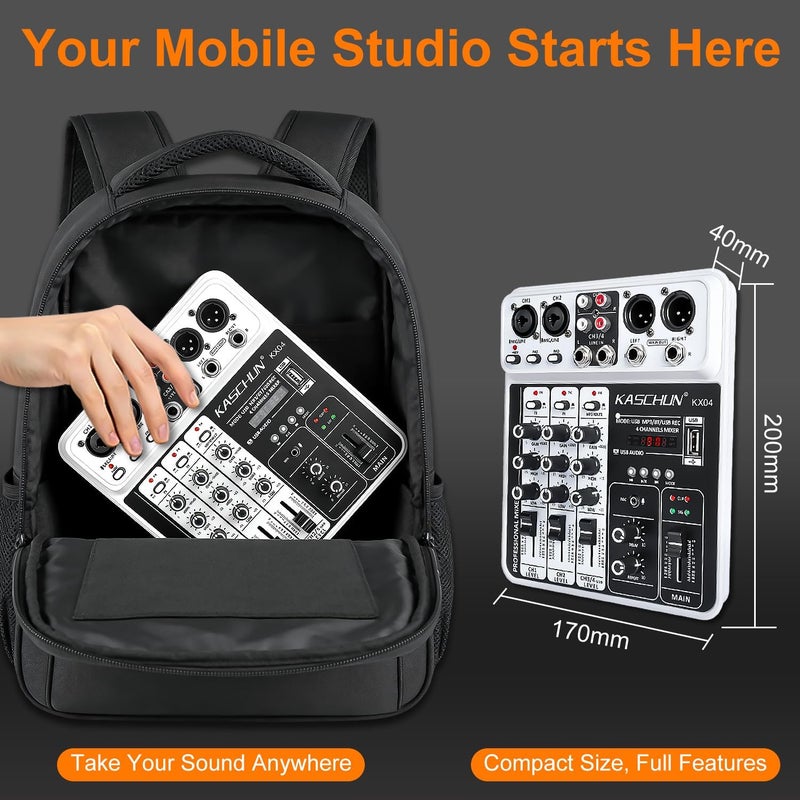 Kaschun Professional Audio Mixer Sound Board, 4 Channel Bluetooth Mixing Console with Effect, USB MP3 Computer Input, 48v Phantom Power, Portable Small DJ Mixer for Karaoke Home Recording Podcasting Streaming - Image 4